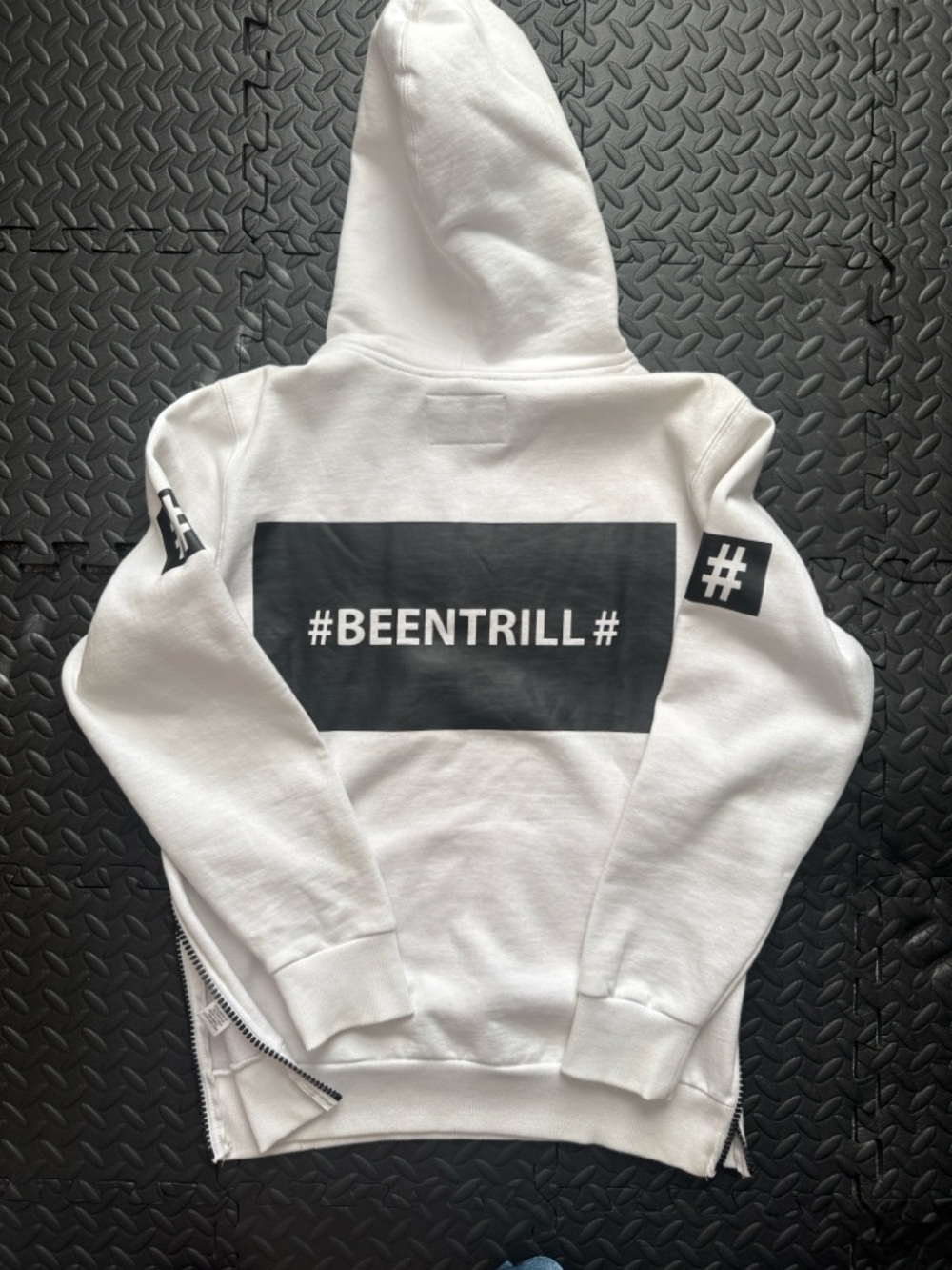 Rare Men's White Virgil #BeenTrill Hooded Sweatshirt with Hashtag Sleeve Accent